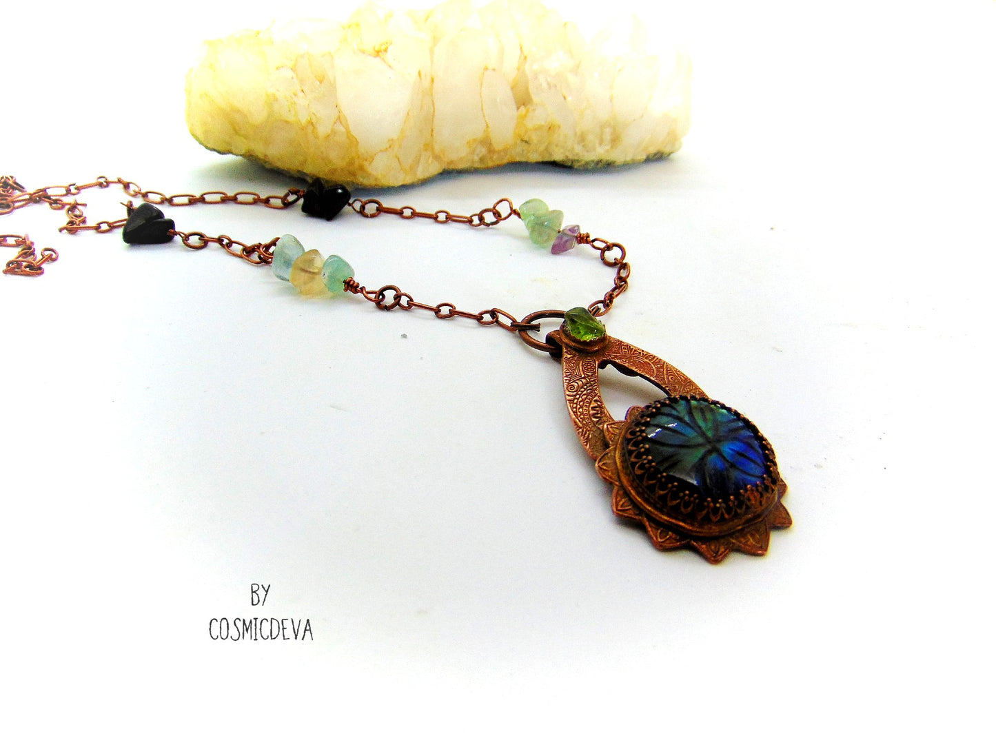 Labradorite Floral Mandala Copper Pendant Artisan Necklace - CosmicDeva