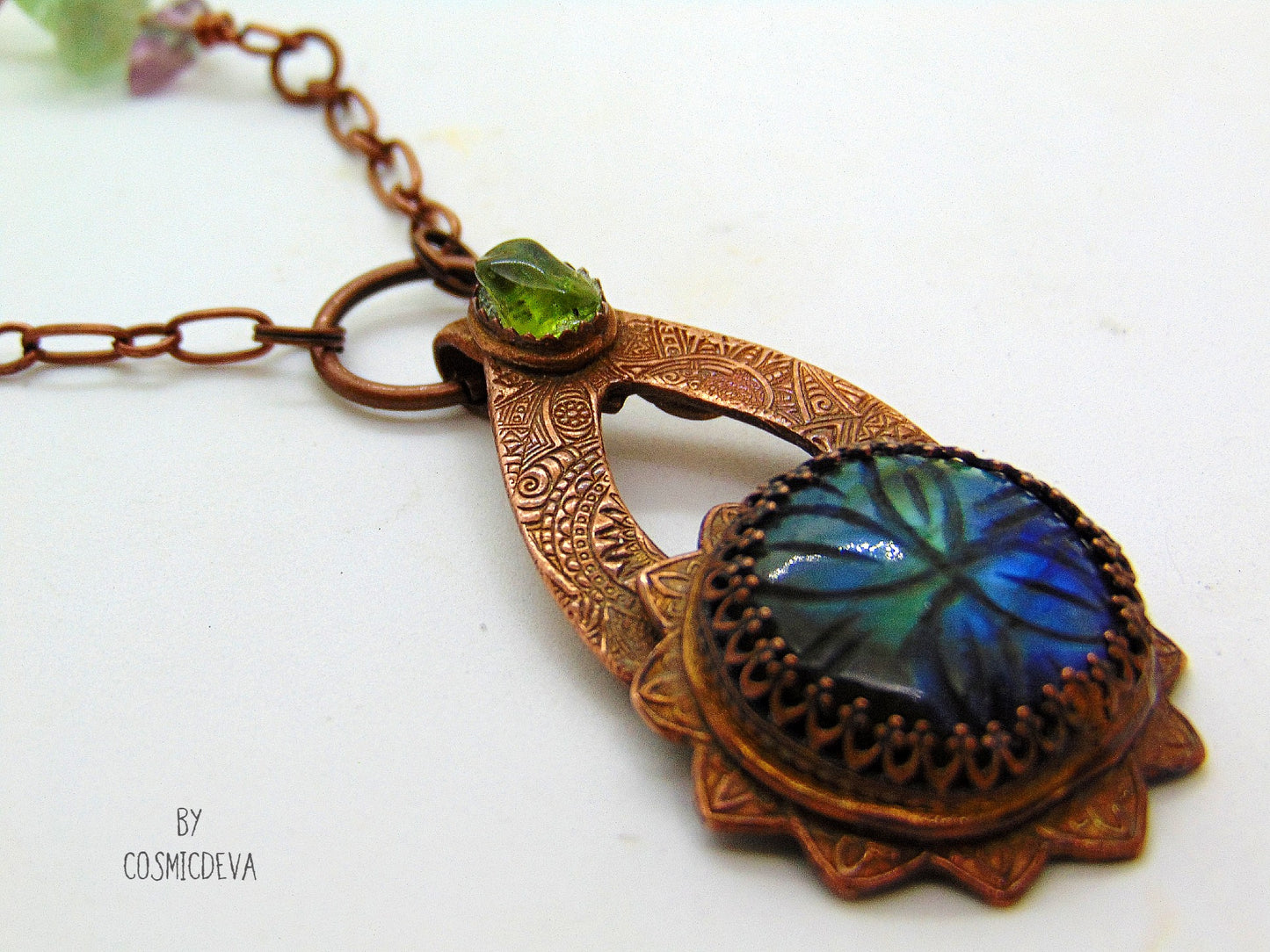 Labradorite Floral Mandala Copper Pendant Artisan Necklace - CosmicDeva