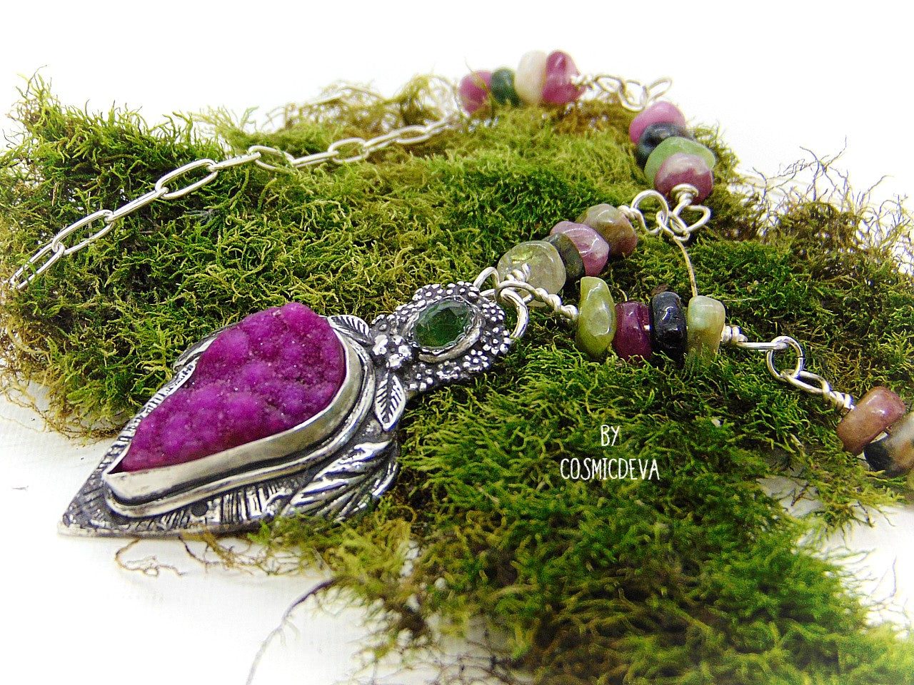 Sterling Silver and Druzy Necklace - One-of-a-Kind Floral Pink Druzy Pendant on Paperclip Sterling Silver Necklace - CosmicDeva