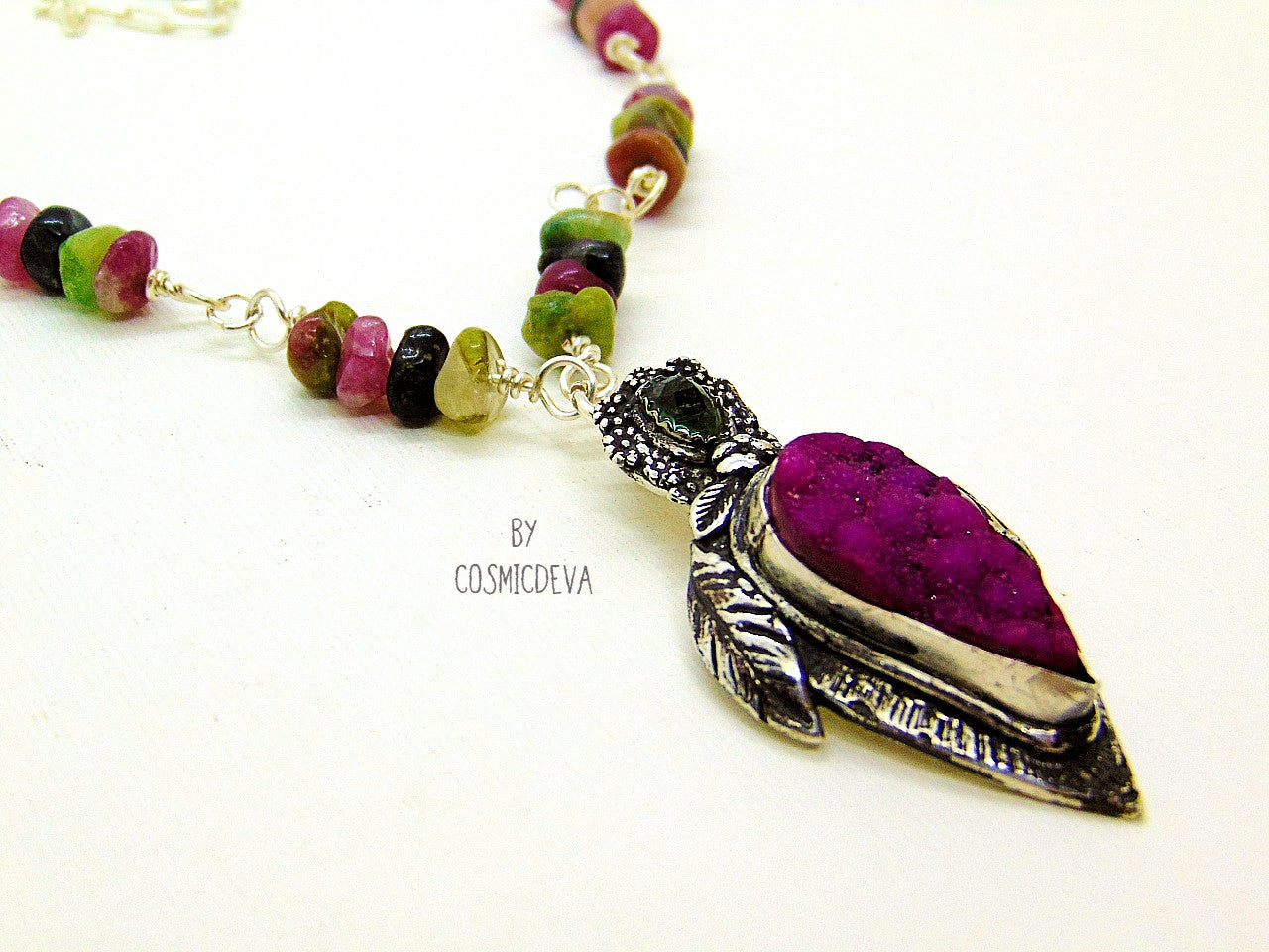 Sterling Silver and Druzy Necklace - One-of-a-Kind Floral Pink Druzy Pendant on Paperclip Sterling Silver Necklace - CosmicDeva