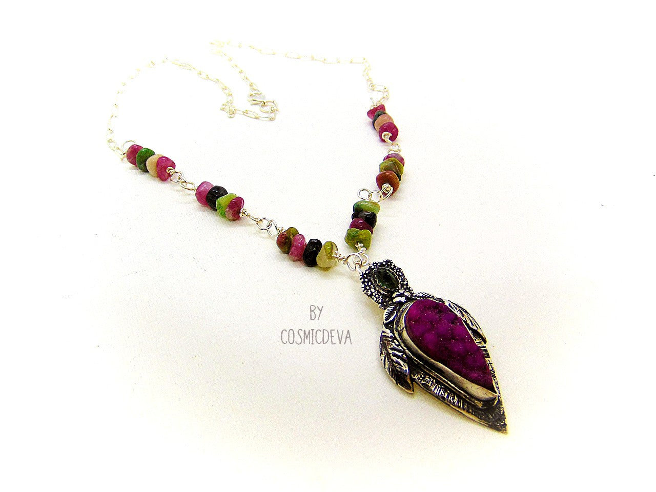 Sterling Silver and Druzy Necklace - One-of-a-Kind Floral Pink Druzy Pendant on Paperclip Sterling Silver Necklace - CosmicDeva