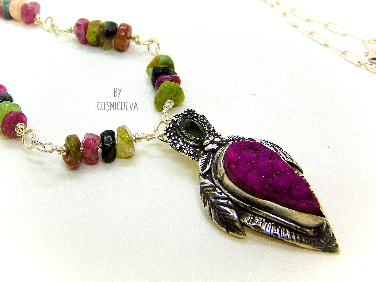 Sterling Silver and Druzy Necklace - One-of-a-Kind Floral Pink Druzy Pendant on Paperclip Sterling Silver Necklace - CosmicDeva