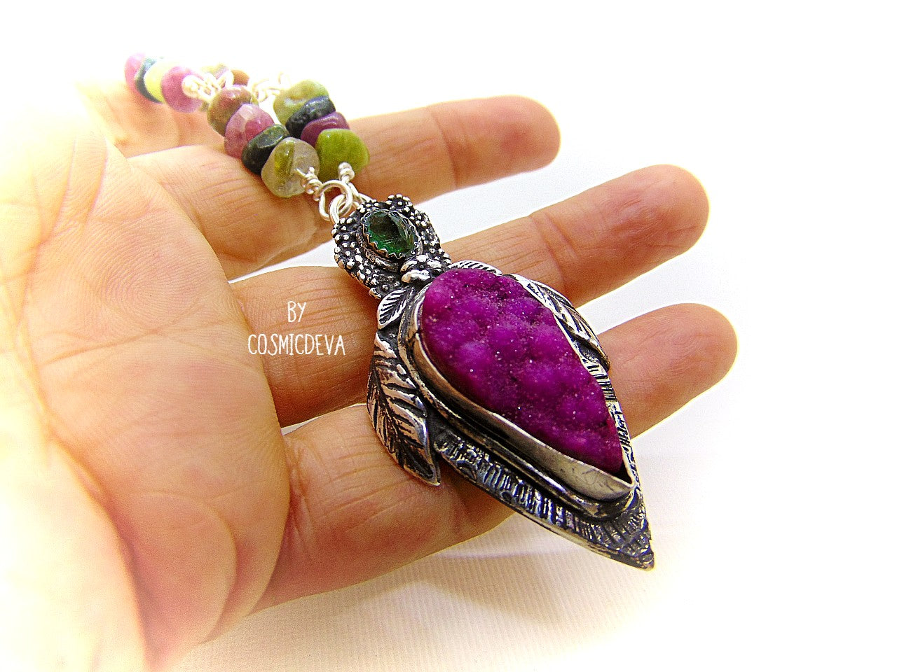 Sterling Silver and Druzy Necklace - One-of-a-Kind Floral Pink Druzy Pendant on Paperclip Sterling Silver Necklace - CosmicDeva