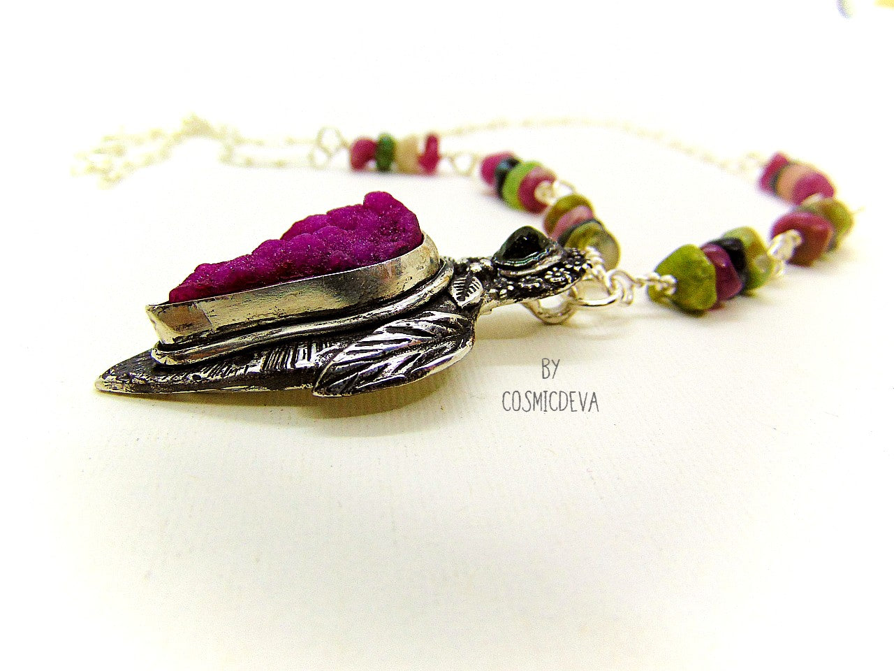 Sterling Silver and Druzy Necklace - One-of-a-Kind Floral Pink Druzy Pendant on Paperclip Sterling Silver Necklace - CosmicDeva