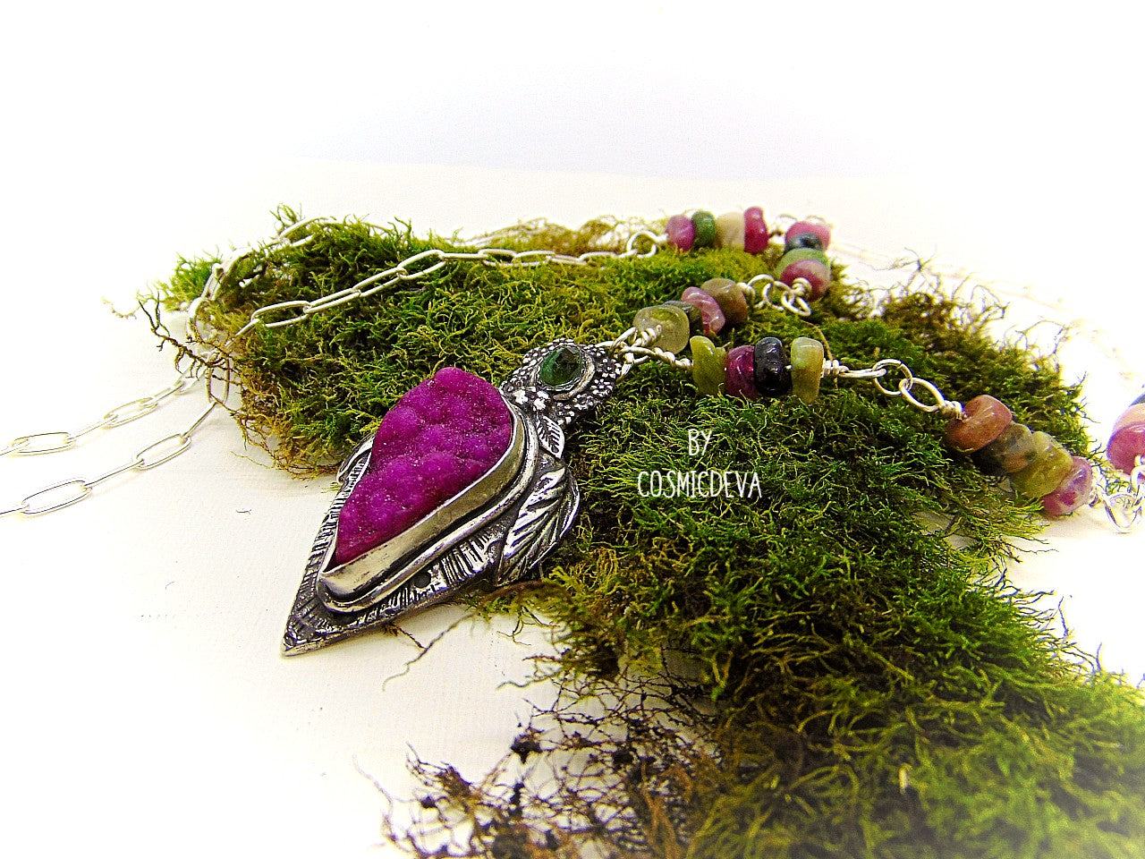Sterling Silver and Druzy Necklace - One-of-a-Kind Floral Pink Druzy Pendant on Paperclip Sterling Silver Necklace - CosmicDeva