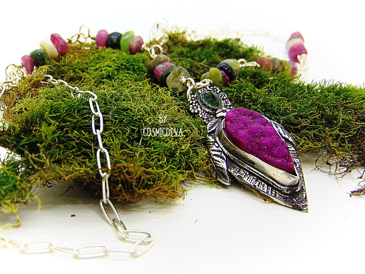 Sterling Silver and Druzy Necklace - One-of-a-Kind Floral Pink Druzy Pendant on Paperclip Sterling Silver Necklace - CosmicDeva