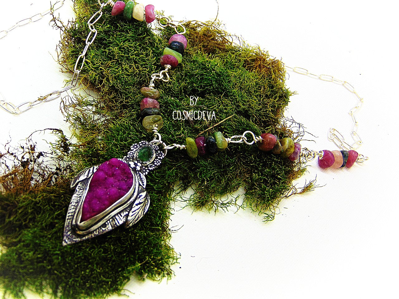 Sterling Silver and Druzy Necklace - One-of-a-Kind Floral Pink Druzy Pendant on Paperclip Sterling Silver Necklace - CosmicDeva