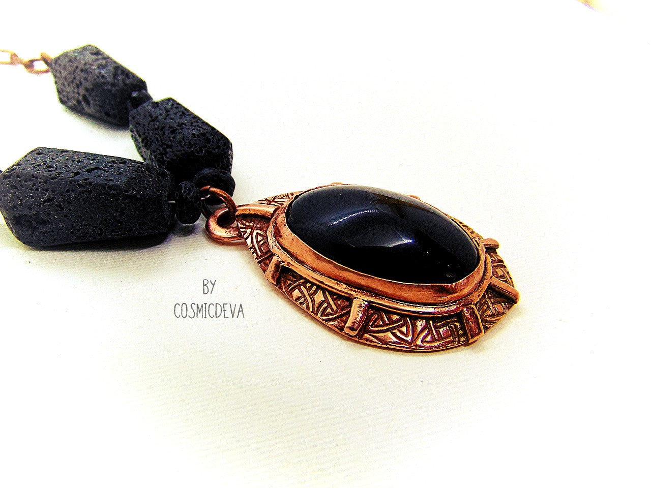 Beautiful rustic solid copper statement necklace with large and very dark black rainbow obsidian gemstone bezel setting as a focal point. The pendant was completely hand formed from solid copper. The statement necklace is made of chunky natural black lava stones with a 12.6mm copper draw cable chain. It has a nice texture and was annealed and polished with microcrystalline wax (Renaissance wax)