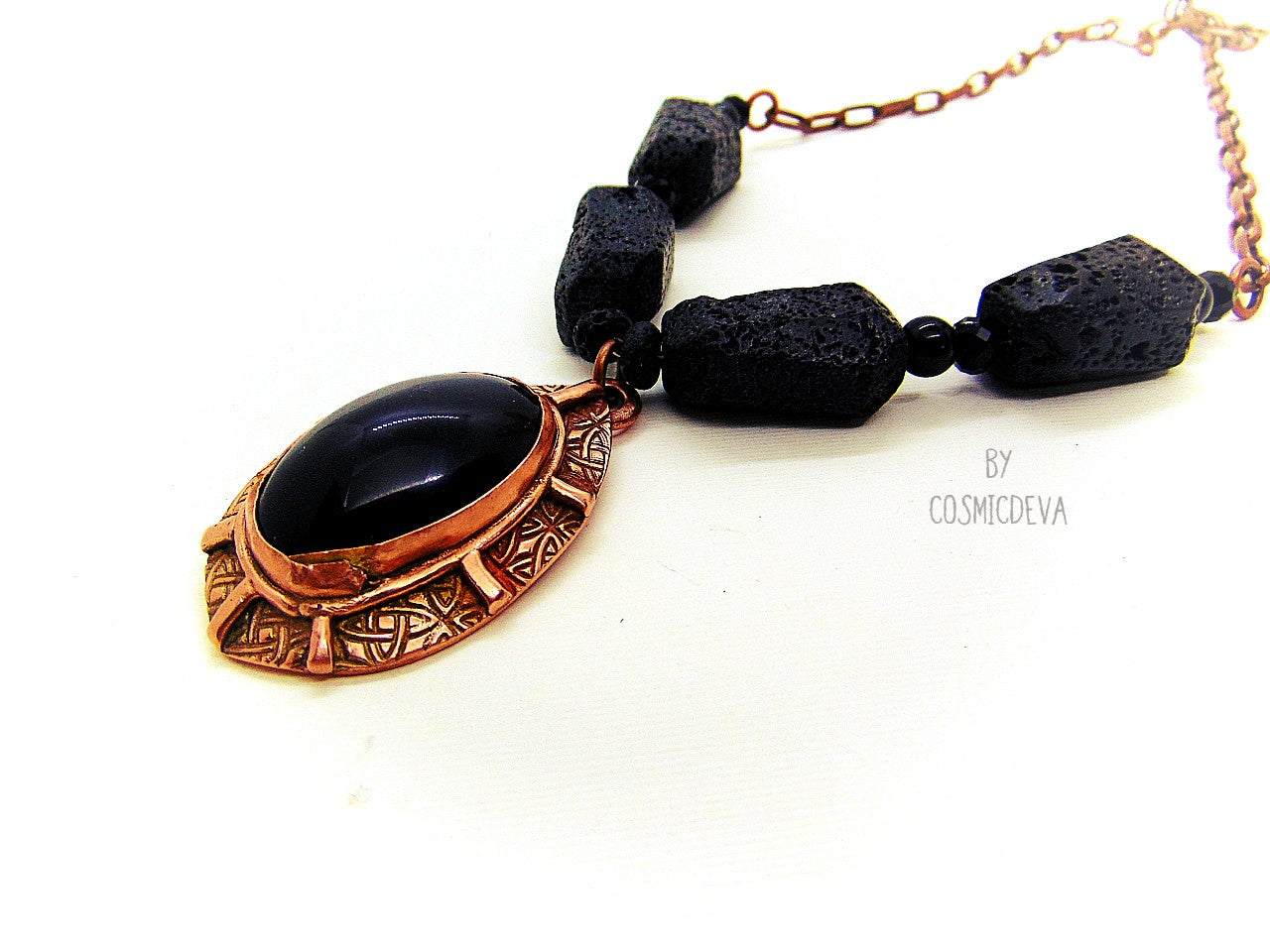 Beautiful rustic solid copper statement necklace with large and very dark black rainbow obsidian gemstone bezel setting as a focal point. The pendant was completely hand formed from solid copper. The statement necklace is made of chunky natural black lava stones with a 12.6mm copper draw cable chain. It has a nice texture and was annealed and polished with microcrystalline wax (Renaissance wax)