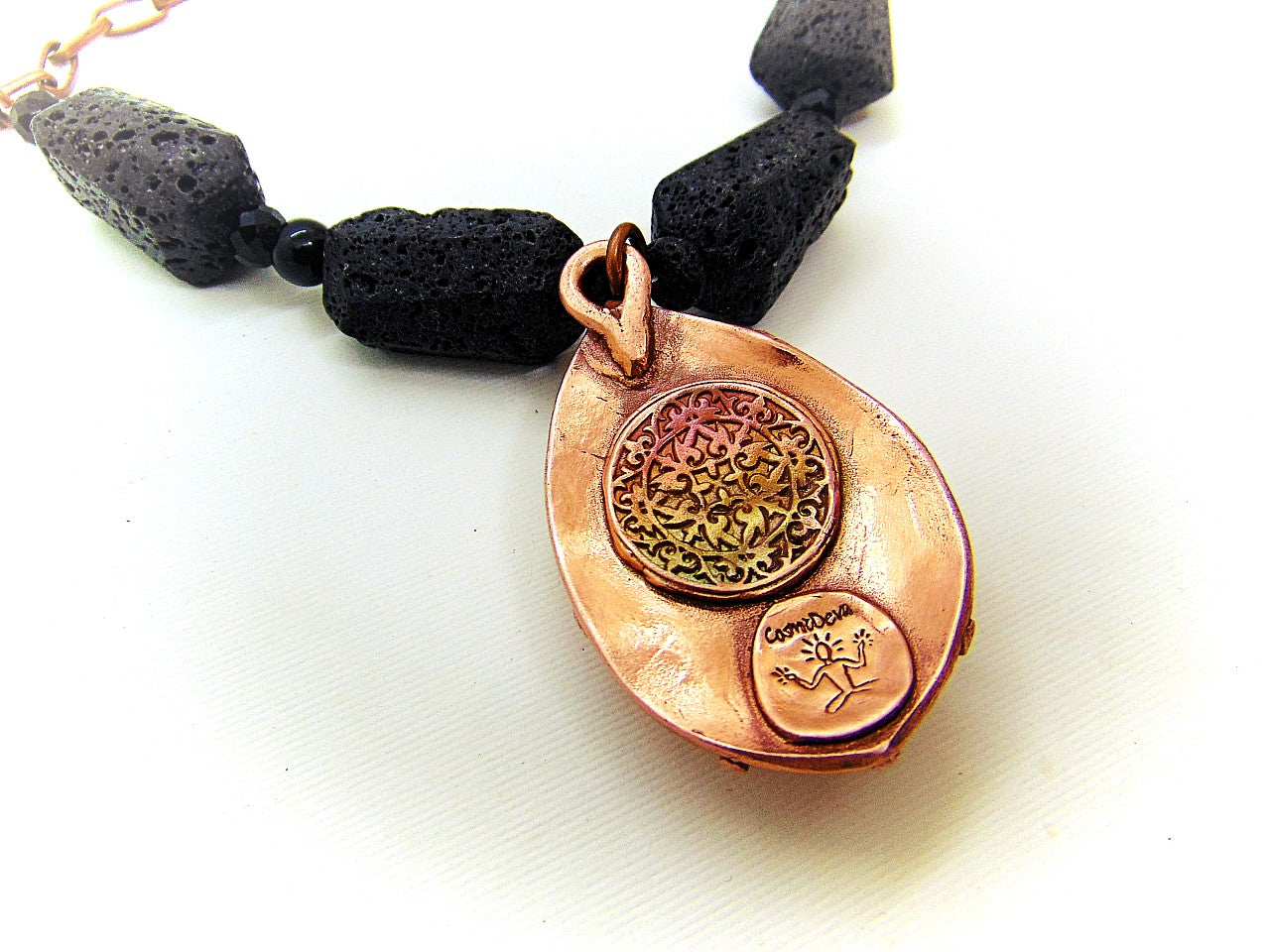 Beautiful rustic solid copper statement necklace with large and very dark black rainbow obsidian gemstone bezel setting as a focal point. The pendant was completely hand formed from solid copper. The statement necklace is made of chunky natural black lava stones with a 12.6mm copper draw cable chain. It has a nice texture and was annealed and polished with microcrystalline wax (Renaissance wax)