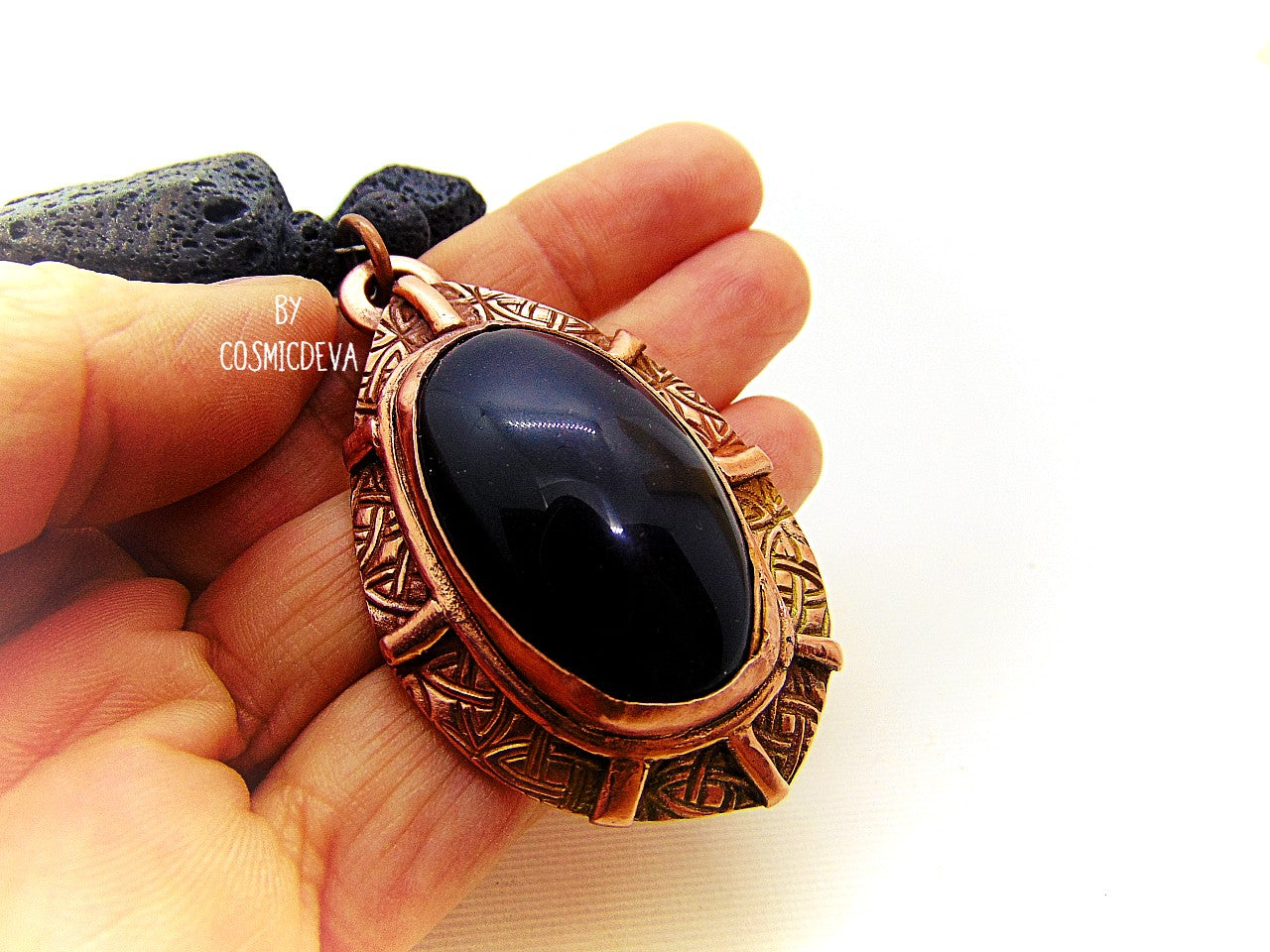 Beautiful rustic solid copper statement necklace with large and very dark black rainbow obsidian gemstone bezel setting as a focal point. The pendant was completely hand formed from solid copper. The statement necklace is made of chunky natural black lava stones with a 12.6mm copper draw cable chain. It has a nice texture and was annealed and polished with microcrystalline wax (Renaissance wax)