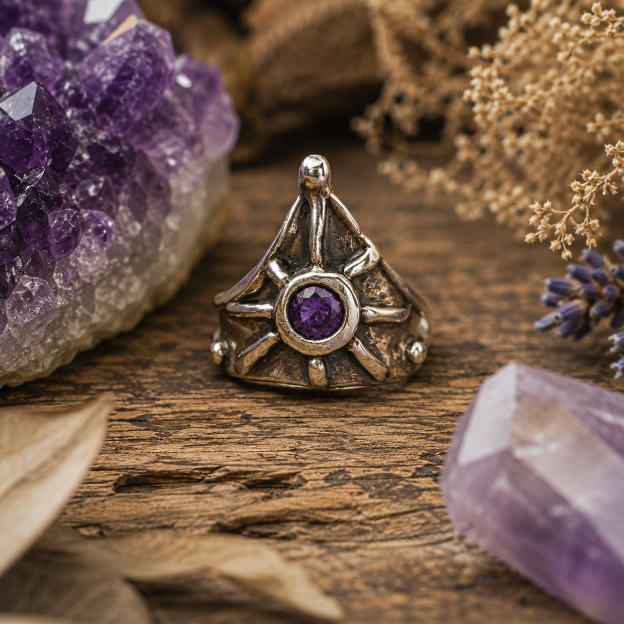 Handmade .999 fine silver amethyst ring with medieval triangle shield design, 5mm purple CZ amethyst and oxidized antique finish. US size 6¾–7. By cosmicdeva