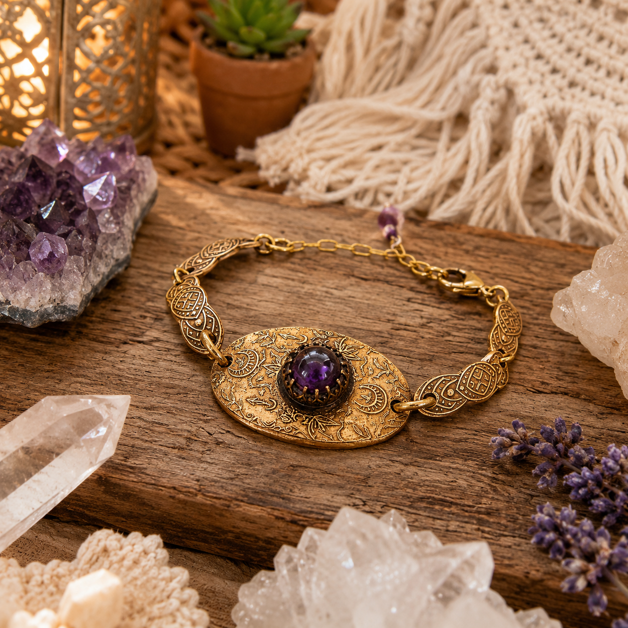 Handmade amethyst bronze bracelet featuring natural purple amethyst, medieval filigree details and lepidolite. Adjustable artisan boho jewelry made in USA. By cosmicdeva