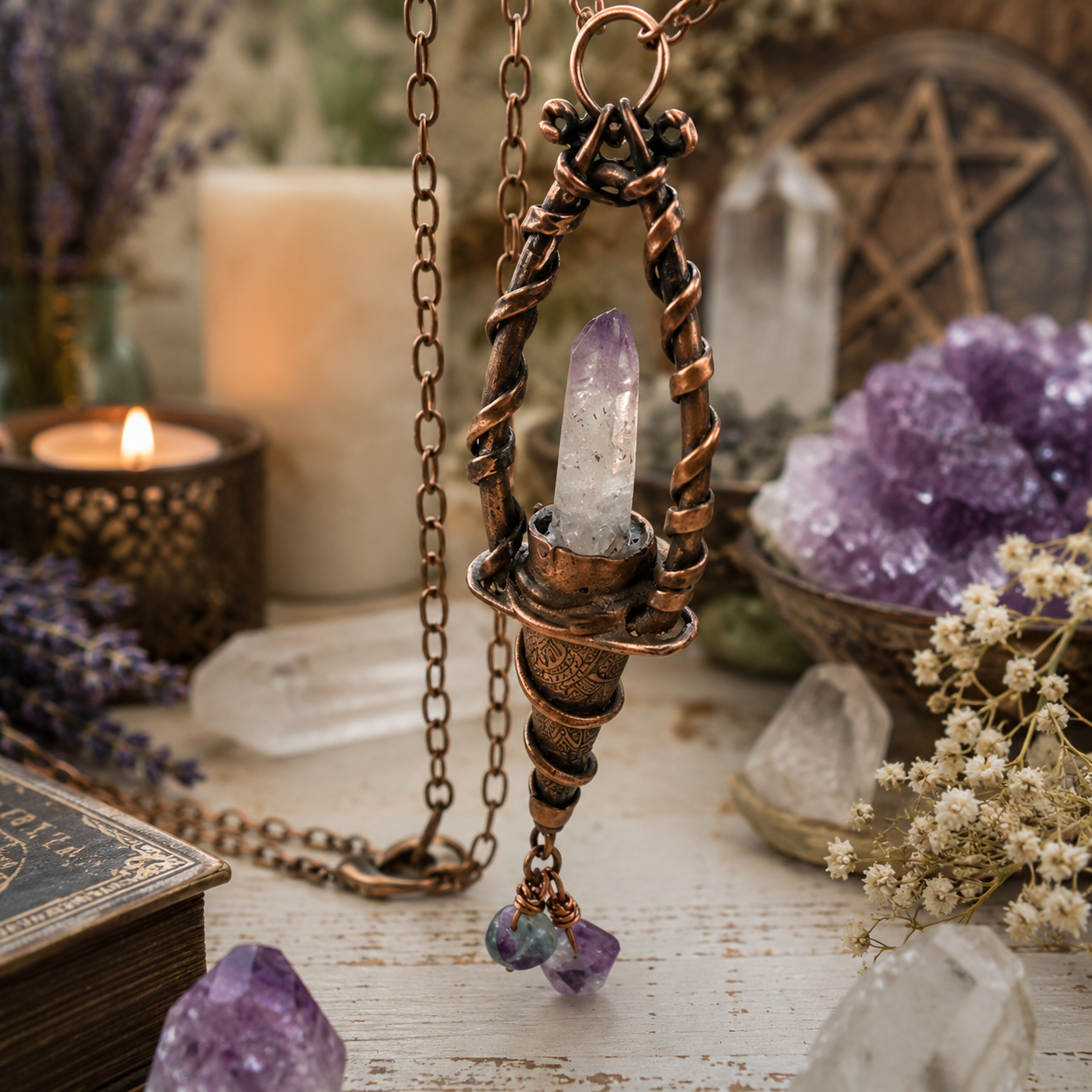 Handmade Vera Cruz Amethyst necklace with natural Fluorite and sculpted copper lantern pendant. Unique witchy Wiccan pagan crystal jewelry. by cosmicdeva