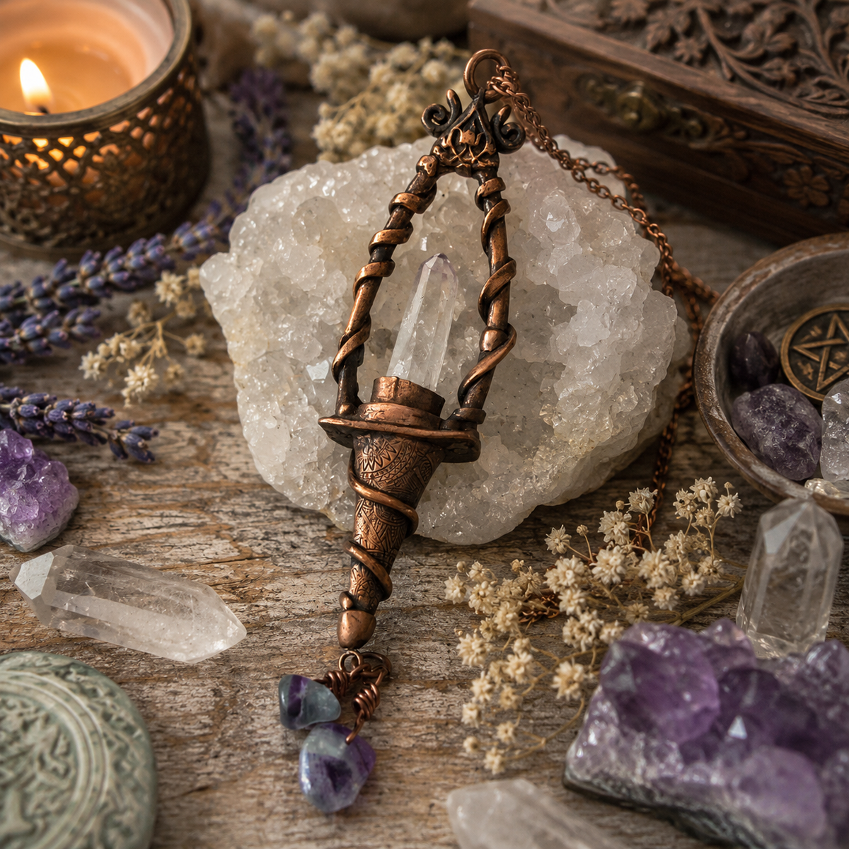 Handmade Vera Cruz Amethyst necklace with natural Fluorite and sculpted copper lantern pendant. Unique witchy Wiccan pagan crystal jewelry. by cosmicdeva