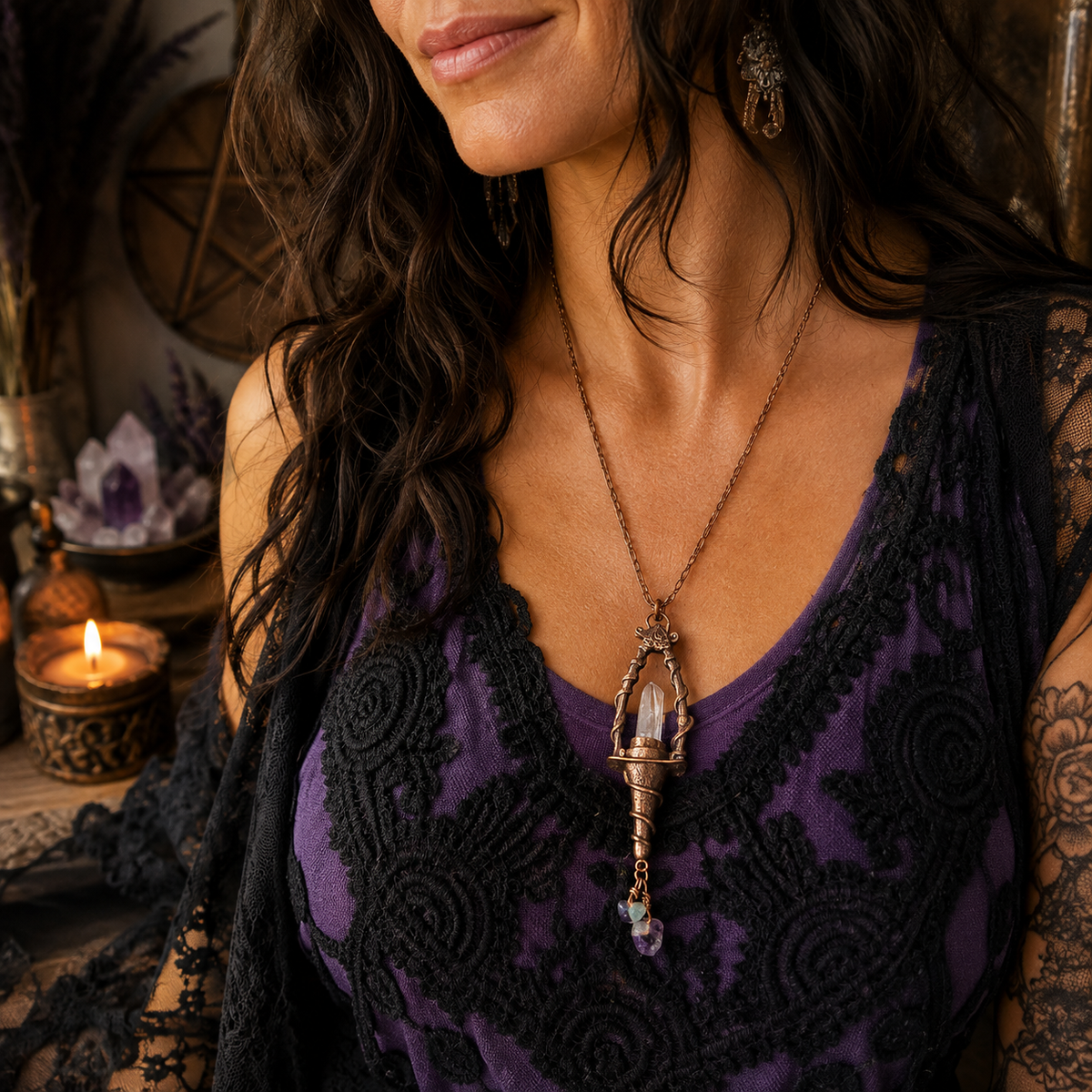 Handmade Vera Cruz Amethyst necklace with natural Fluorite and sculpted copper lantern pendant. Unique witchy Wiccan pagan crystal jewelry. by cosmicdeva