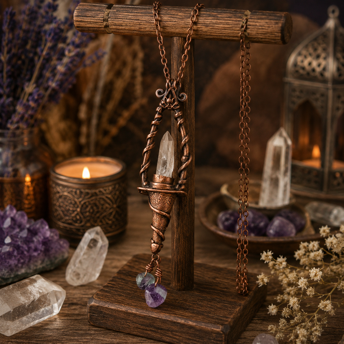 Handmade Vera Cruz Amethyst necklace with natural Fluorite and sculpted copper lantern pendant. Unique witchy Wiccan pagan crystal jewelry. by cosmicdeva