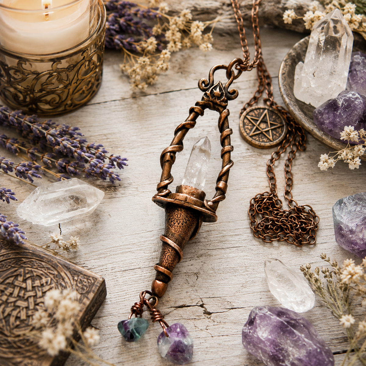 Handmade Vera Cruz Amethyst necklace with natural Fluorite and sculpted copper lantern pendant. Unique witchy Wiccan pagan crystal jewelry. by cosmicdeva