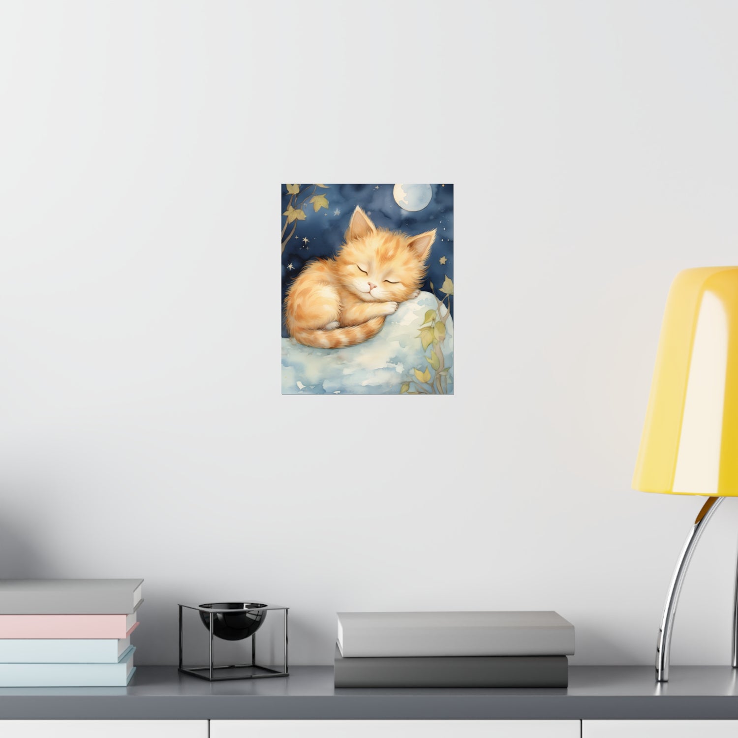 Adorable little sleeping cat Illustration, Nursery Print, Watercolor Art, Nursery Wall Decor, Lovable cat, Nursery Decor, Nursery Wall Art, - CosmicDeva