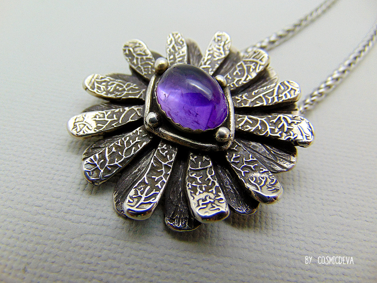 Daisy Flower 999 Fine Silver Pendant Necklace with Amethyst – Unique Handmade Floral Jewelry