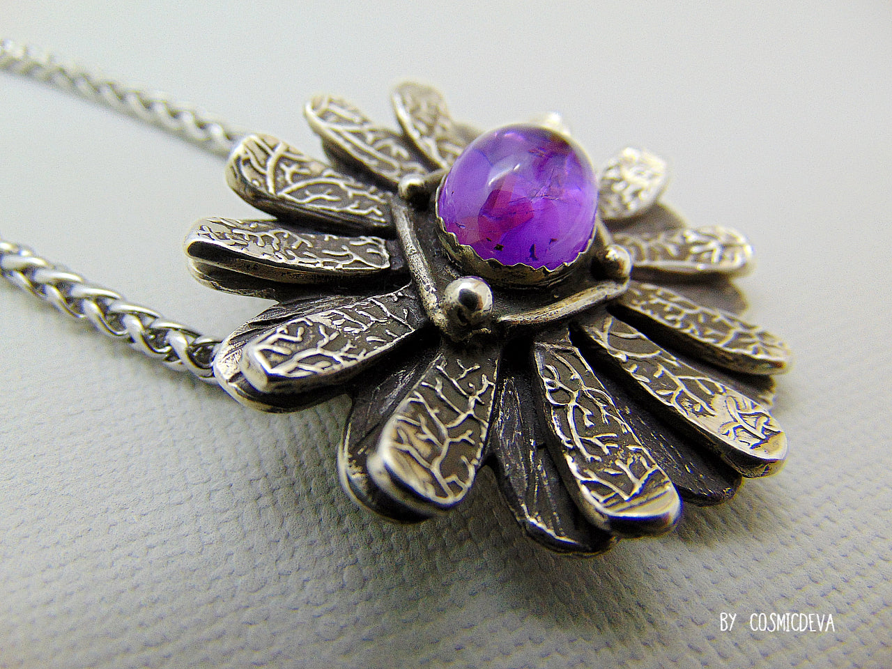 Daisy Flower 999 Fine Silver Pendant Necklace with Amethyst – Unique Handmade Floral Jewelry
