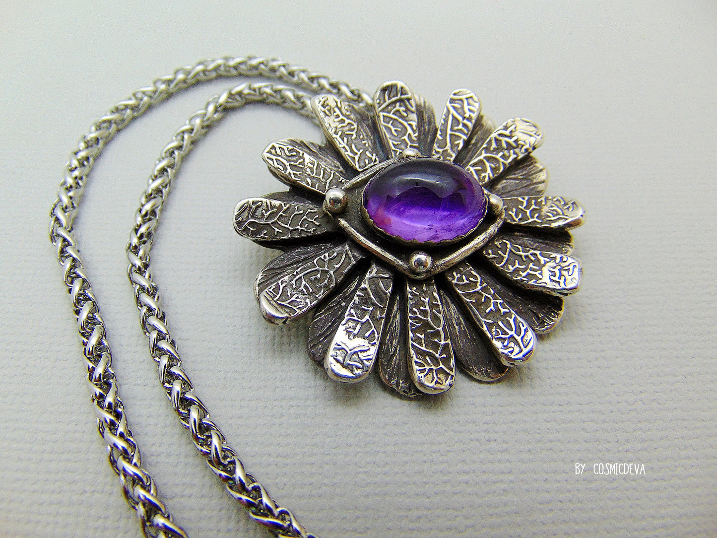 Daisy Flower 999 Fine Silver Pendant Necklace with Amethyst – Unique Handmade Floral Jewelry
