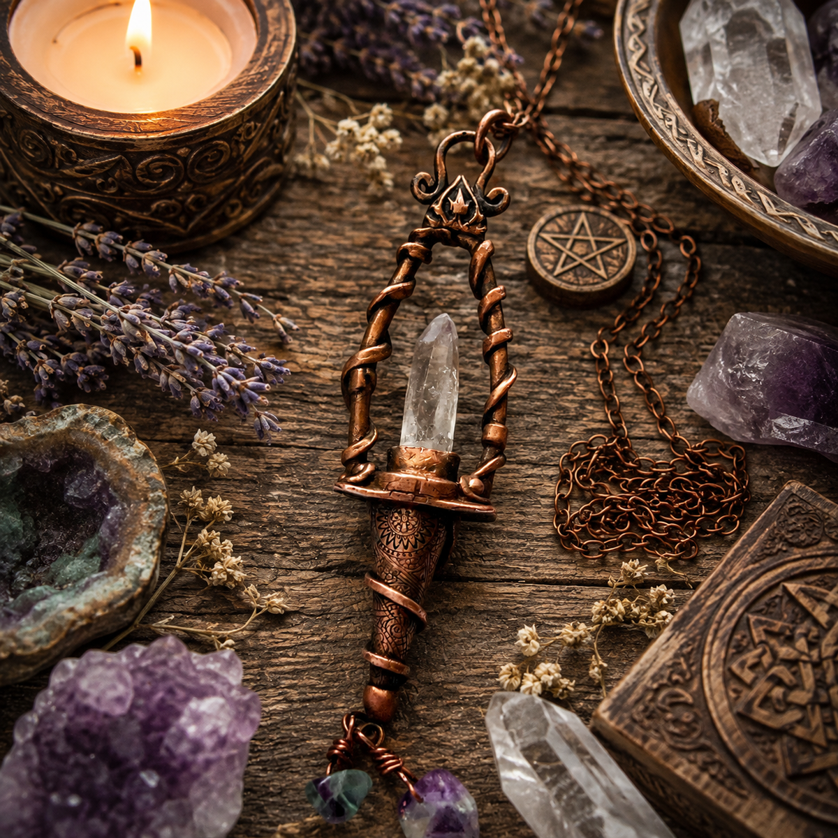 Handmade Vera Cruz Amethyst necklace with natural Fluorite and sculpted copper lantern pendant. Unique witchy Wiccan pagan crystal jewelry. by cosmicdeva