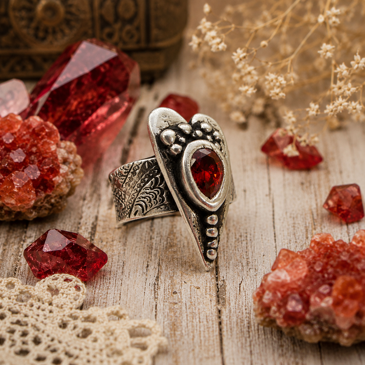 Handmade red fire opal heart ring in .950 sterling silver with a boho wide band design. Romantic artisan statement ring, US size 7 by CosmicDeva.