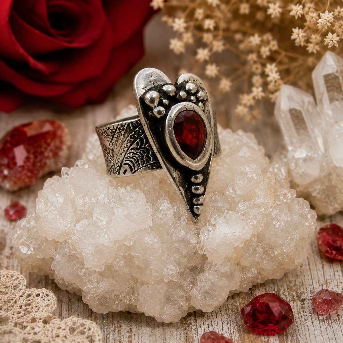 Handmade red fire opal heart ring in .950 sterling silver with a boho wide band design. Romantic artisan statement ring, US size 7 by CosmicDeva.