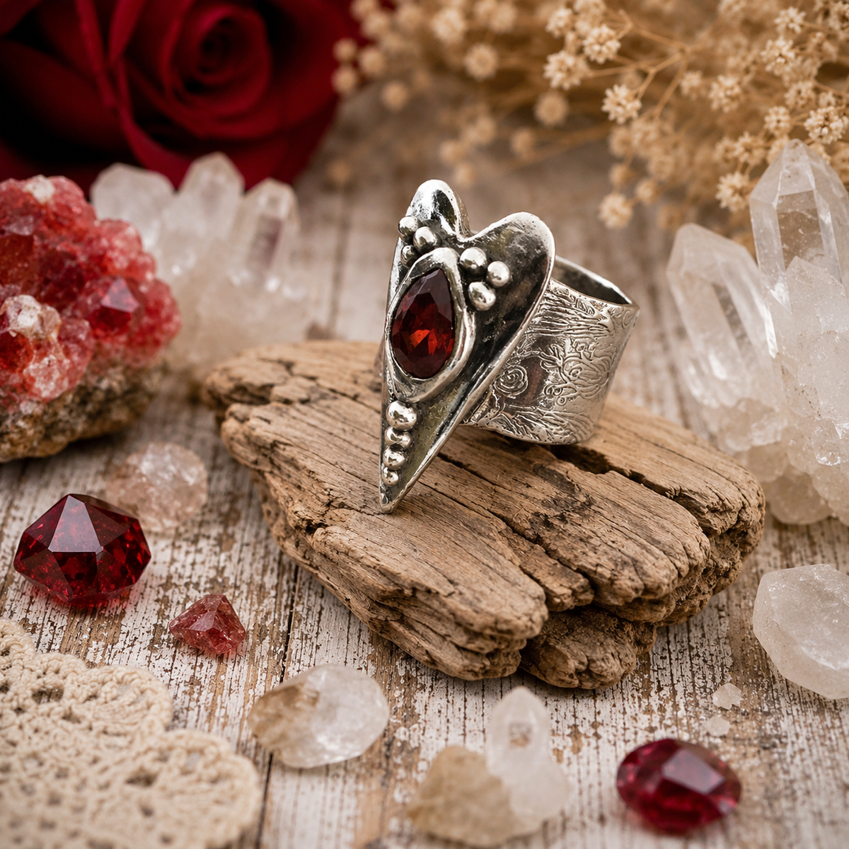 Handmade red fire opal heart ring in .950 sterling silver with a boho wide band design. Romantic artisan statement ring, US size 7 by CosmicDeva.