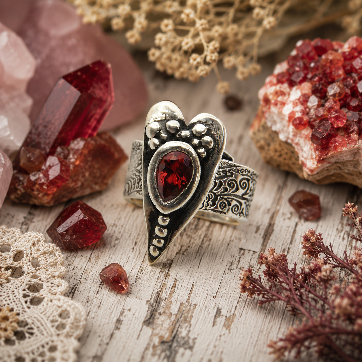 Handmade red fire opal heart ring in .950 sterling silver with a boho wide band design. Romantic artisan statement ring, US size 7 by CosmicDeva.