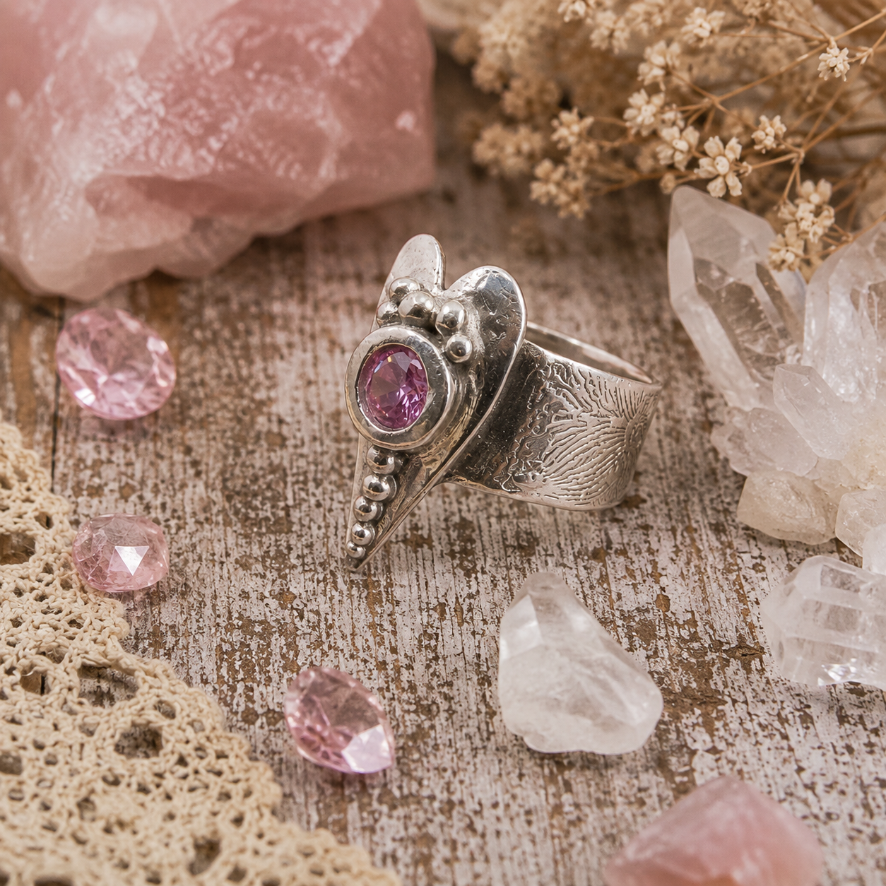 Handmade .950 sterling silver heart ring with sparkling pink CZ gemstone and floral textured wide band. Romantic boho statement ring, size 8–8.5. by Cosmicdeva 