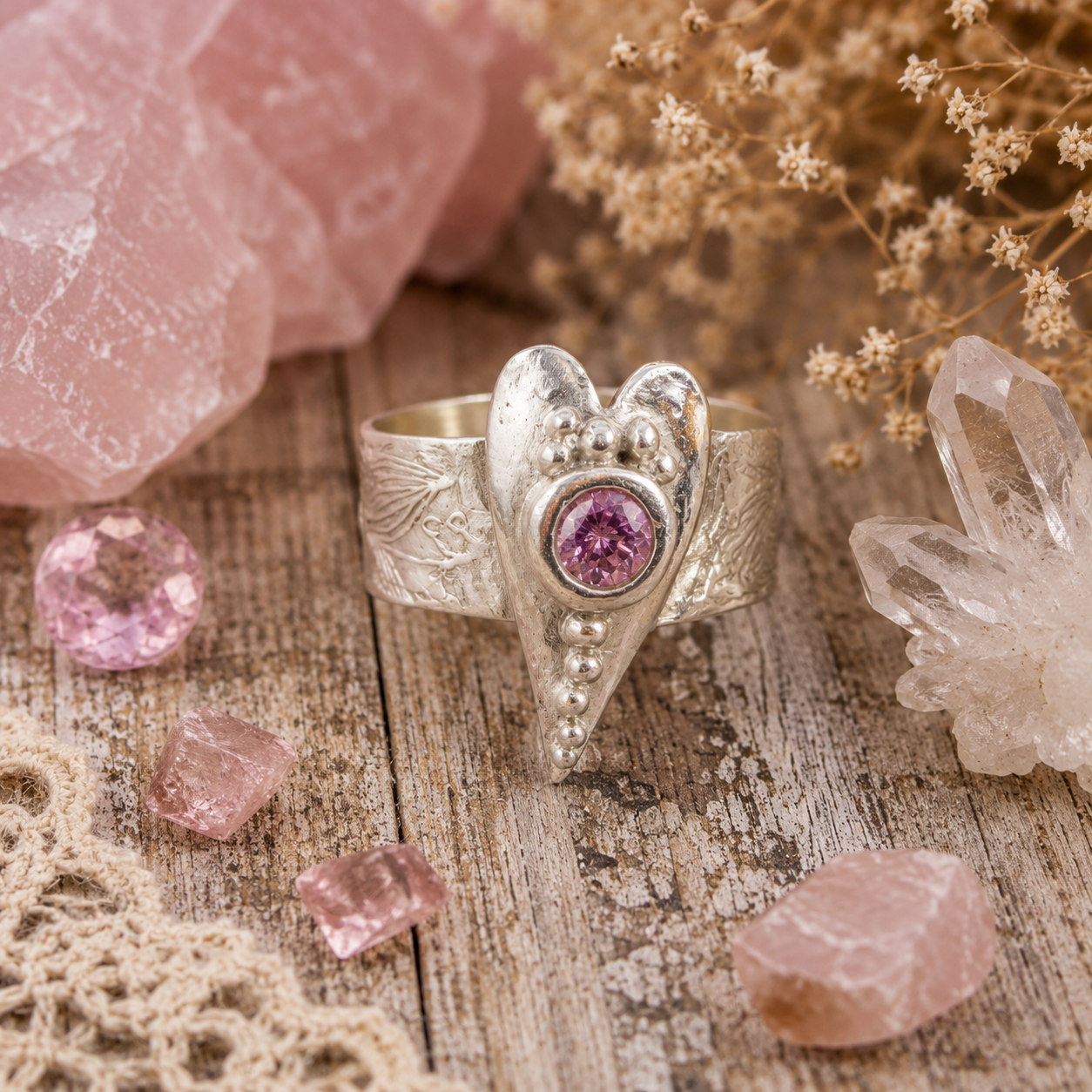 Handmade .950 sterling silver heart ring with sparkling pink CZ gemstone and floral textured wide band. Romantic boho statement ring, size 8–8.5. by Cosmicdeva 
