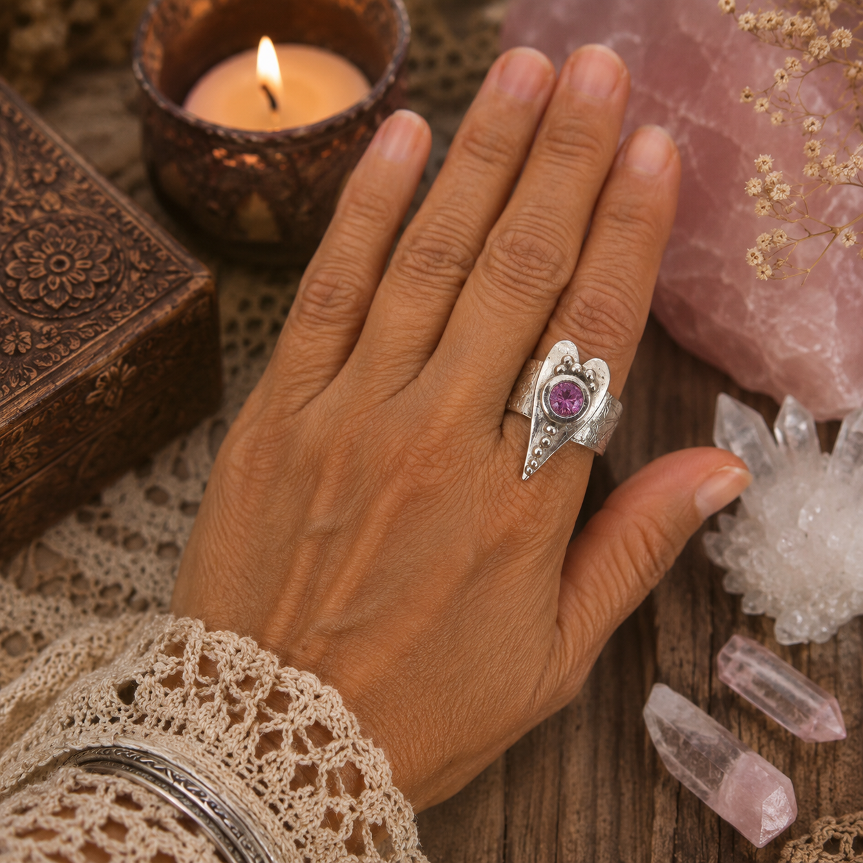 Handmade .950 sterling silver heart ring with sparkling pink CZ gemstone and floral textured wide band. Romantic boho statement ring, size 8–8.5. by Cosmicdeva 