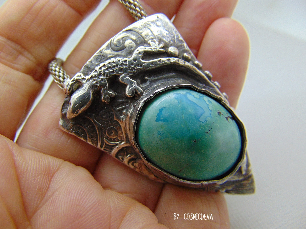 Lizard Turquoise Sterling Silver Pendant Necklace – Handcrafted Southwestern Jewelry - CosmicDeva