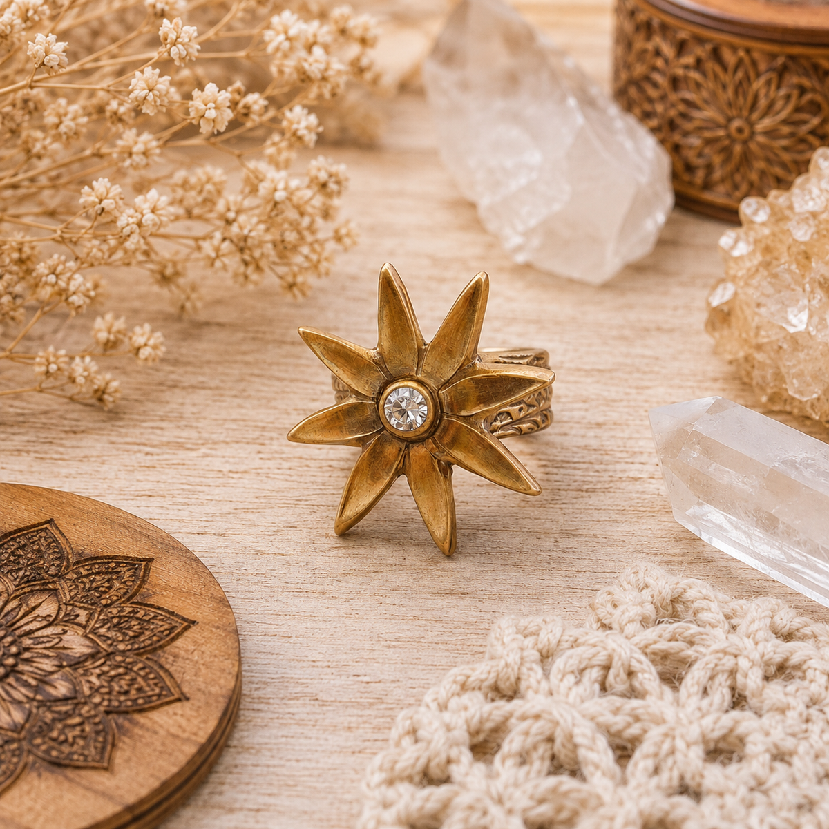 Handmade gold bronze flower ring in US Size 7 with sparkling 4 mm white cubic zirconia. Unique boho botanical cocktail ring and artisan jewelry gift. By Cosmicdeva 