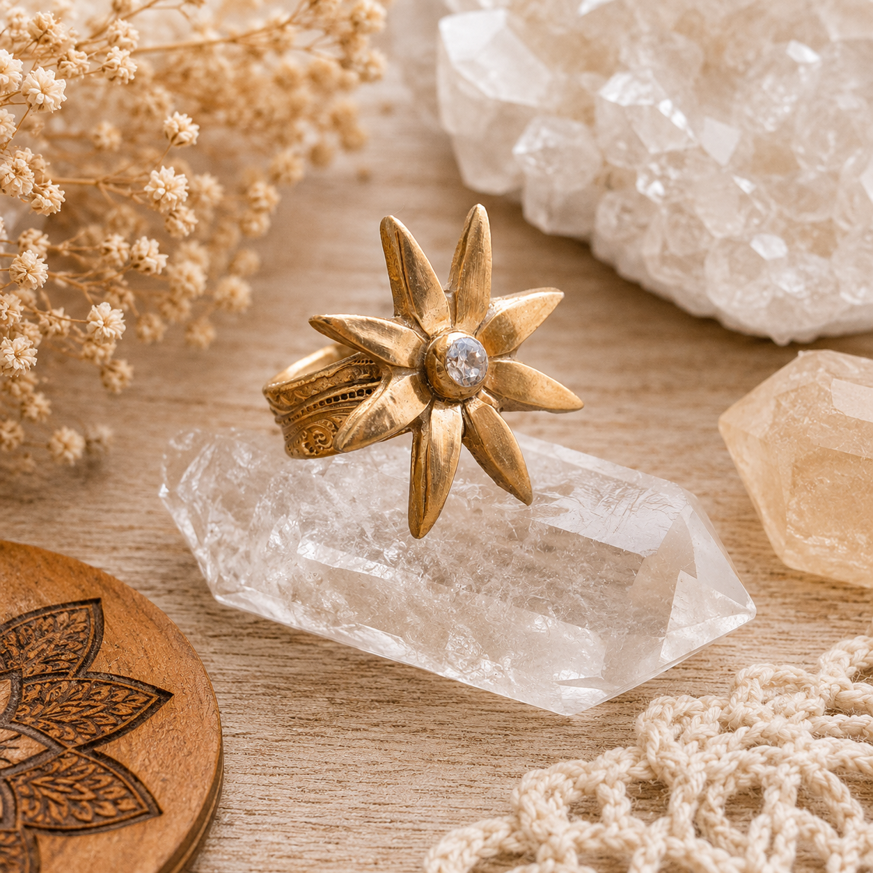 Handmade gold bronze flower ring in US Size 7 with sparkling 4 mm white cubic zirconia. Unique boho botanical cocktail ring and artisan jewelry gift. By Cosmicdeva 