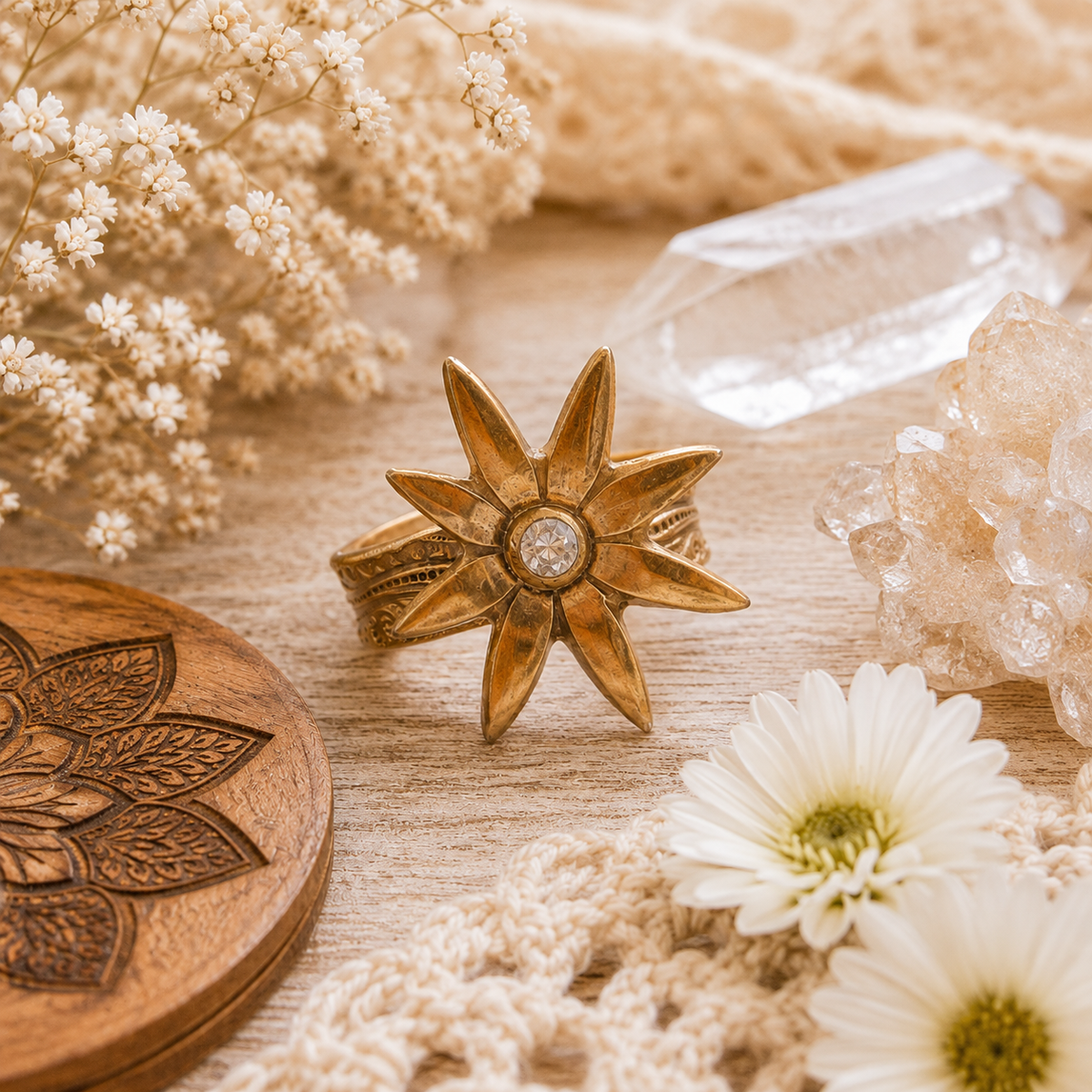 Handmade gold bronze flower ring in US Size 7 with sparkling 4 mm white cubic zirconia. Unique boho botanical cocktail ring and artisan jewelry gift. By Cosmicdeva 