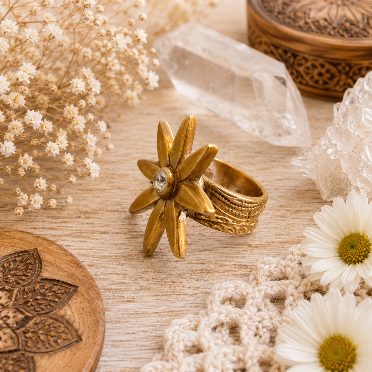 Handmade gold bronze flower ring in US Size 7 with sparkling 4 mm white cubic zirconia. Unique boho botanical cocktail ring and artisan jewelry gift. By Cosmicdeva 