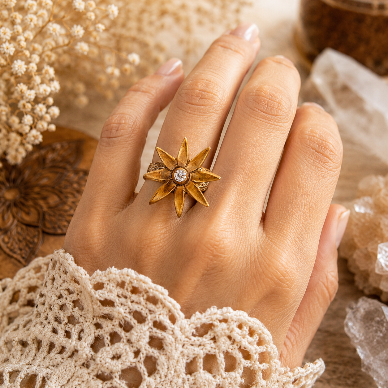Handmade gold bronze flower ring in US Size 7 with sparkling 4 mm white cubic zirconia. Unique boho botanical cocktail ring and artisan jewelry gift. By Cosmicdeva 
