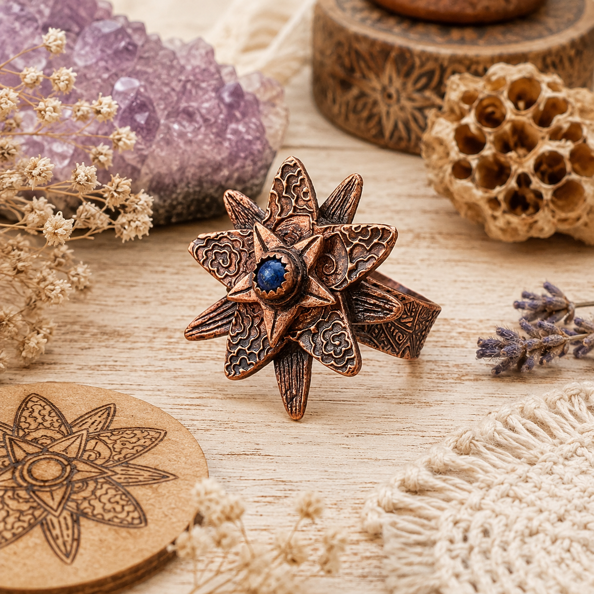 Handmade Lapis Lazuli copper flower ring in US Size 7 with natural royal blue gemstone, antique patina and detailed floral design. One-of-a-kind boho jewelry. By Cosmicdeva 