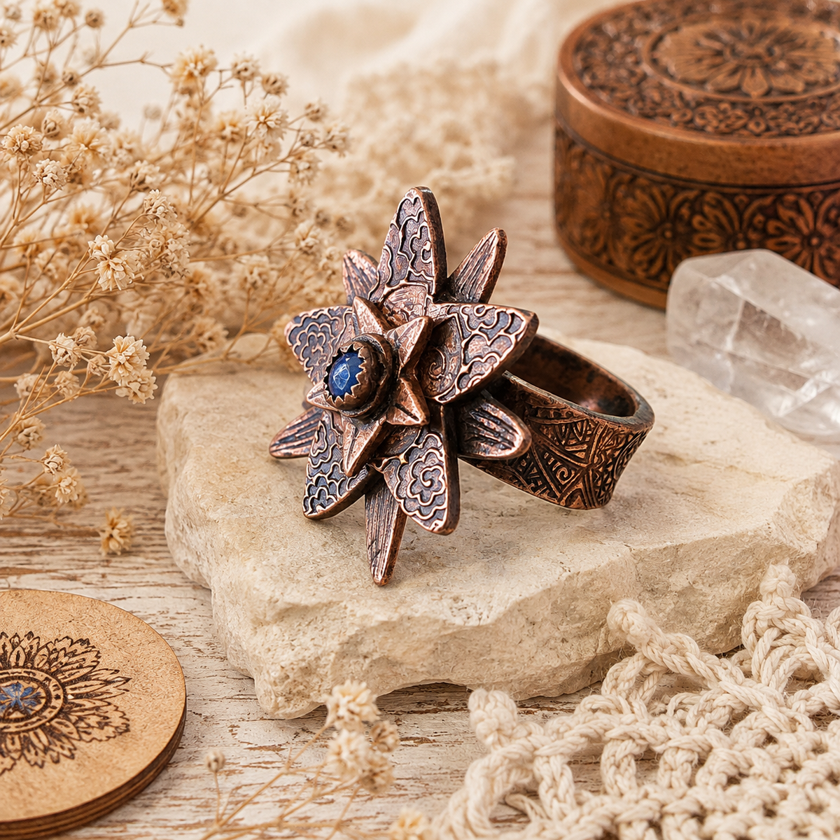 Handmade Lapis Lazuli copper flower ring in US Size 7 with natural royal blue gemstone, antique patina and detailed floral design. One-of-a-kind boho jewelry. By Cosmicdeva 