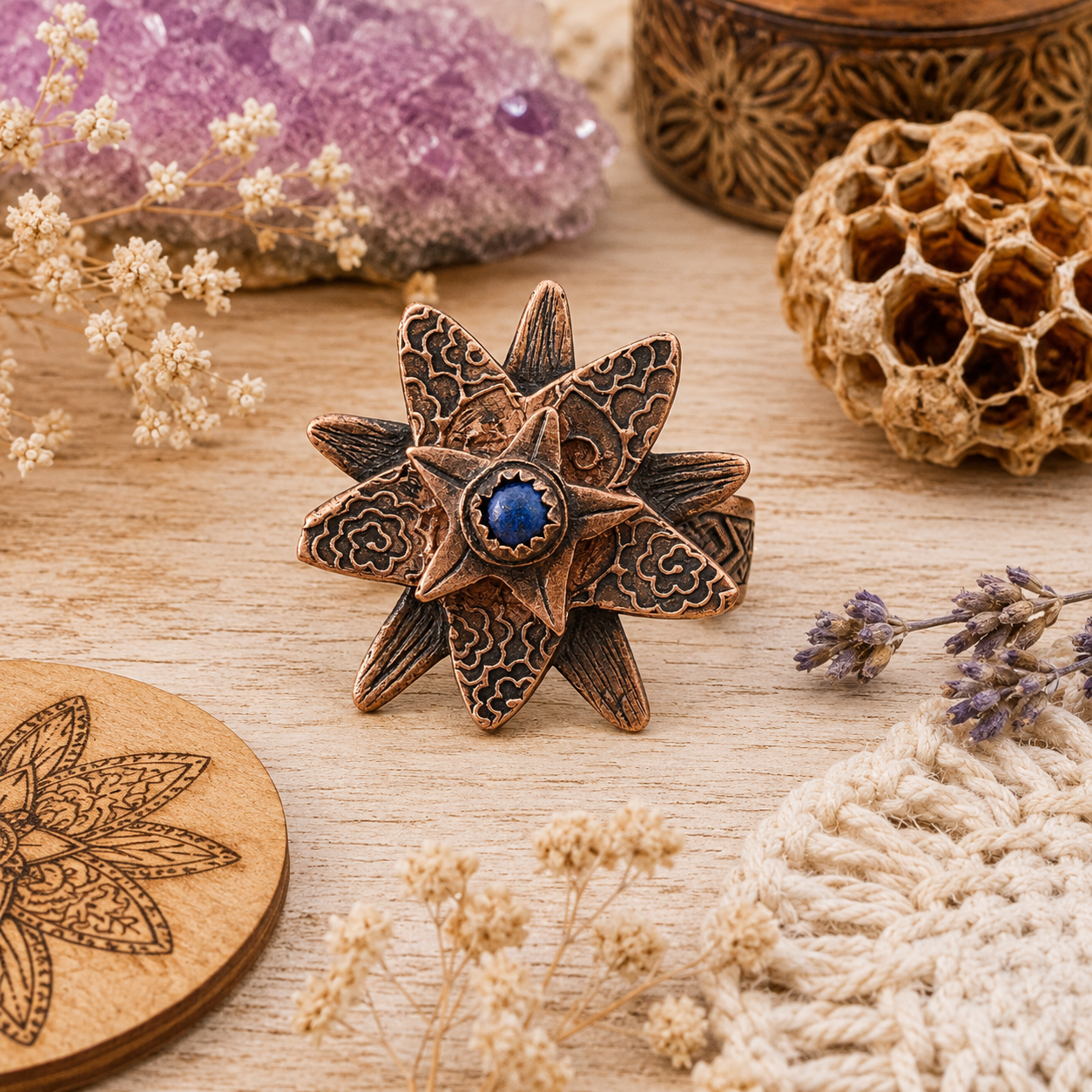 Handmade Lapis Lazuli copper flower ring in US Size 7 with natural royal blue gemstone, antique patina and detailed floral design. One-of-a-kind boho jewelry. By Cosmicdeva 