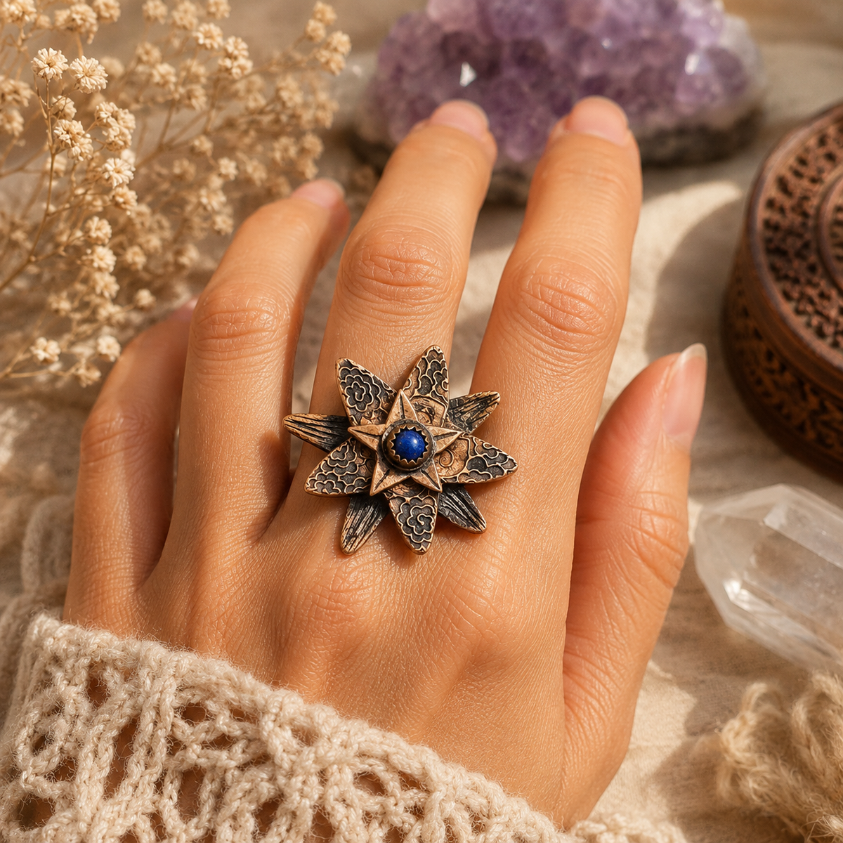 Handmade Lapis Lazuli copper flower ring in US Size 7 with natural royal blue gemstone, antique patina and detailed floral design. One-of-a-kind boho jewelry. By Cosmicdeva 
