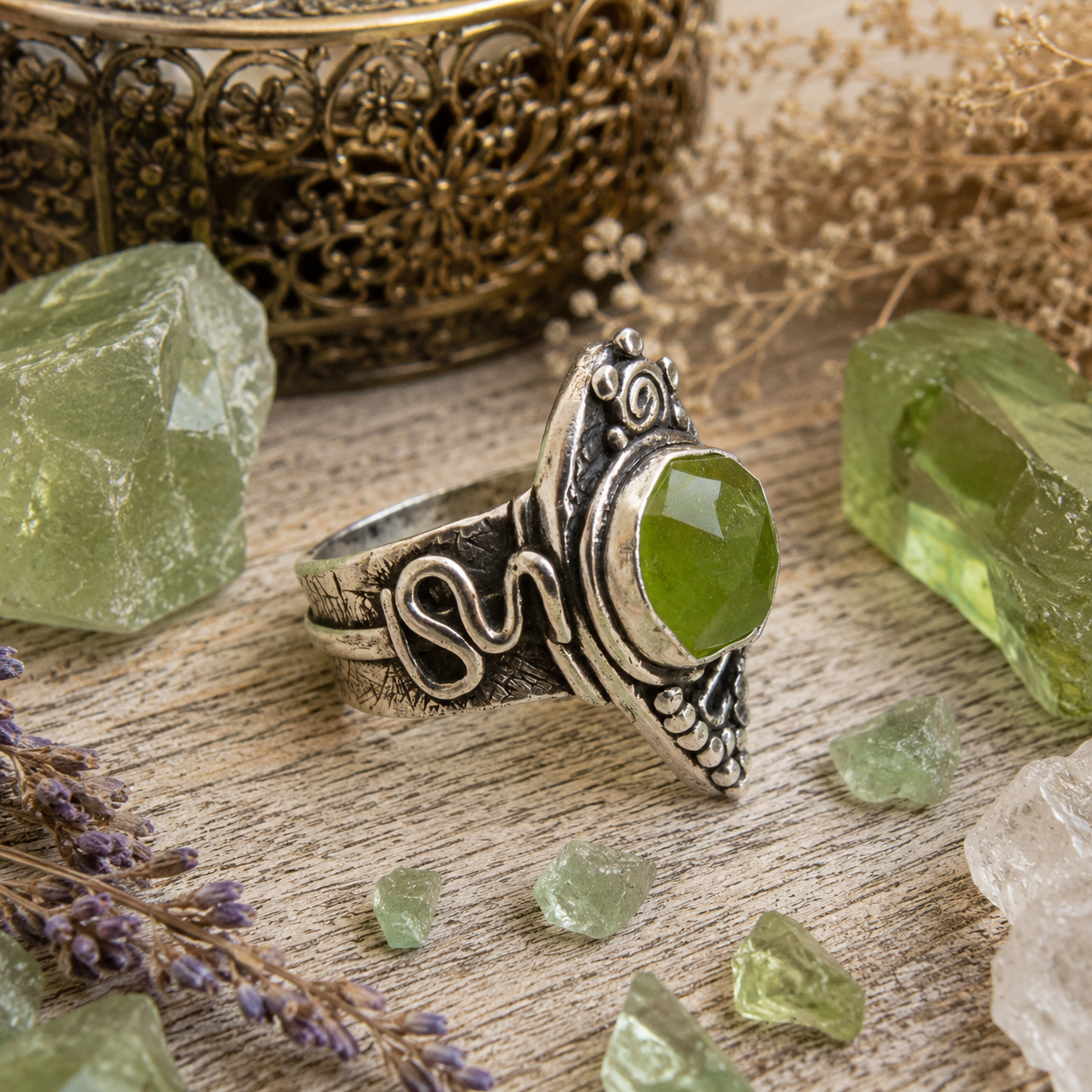 One-of-a-kind natural green Peridot ring handcrafted in recycled .950 sterling silver. Faceted Pakistani Peridot boho statement ring, US size 9.5. by Cosmicdeva 