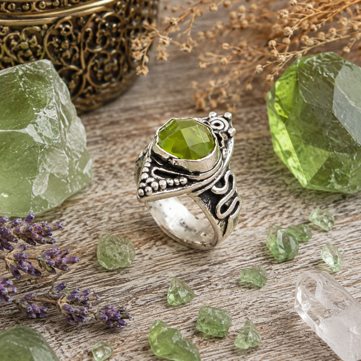 One-of-a-kind natural green Peridot ring handcrafted in recycled .950 sterling silver. Faceted Pakistani Peridot boho statement ring, US size 9.5. by Cosmicdeva 
