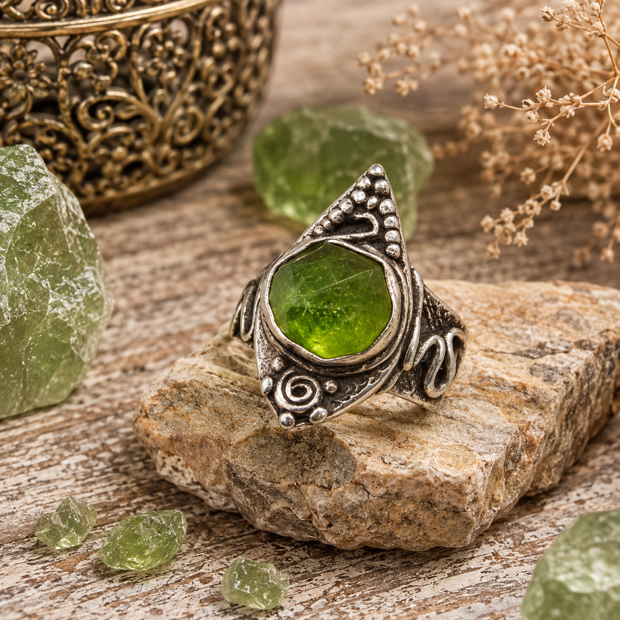 One-of-a-kind natural green Peridot ring handcrafted in recycled .950 sterling silver. Faceted Pakistani Peridot boho statement ring, US size 9.5. by Cosmicdeva 