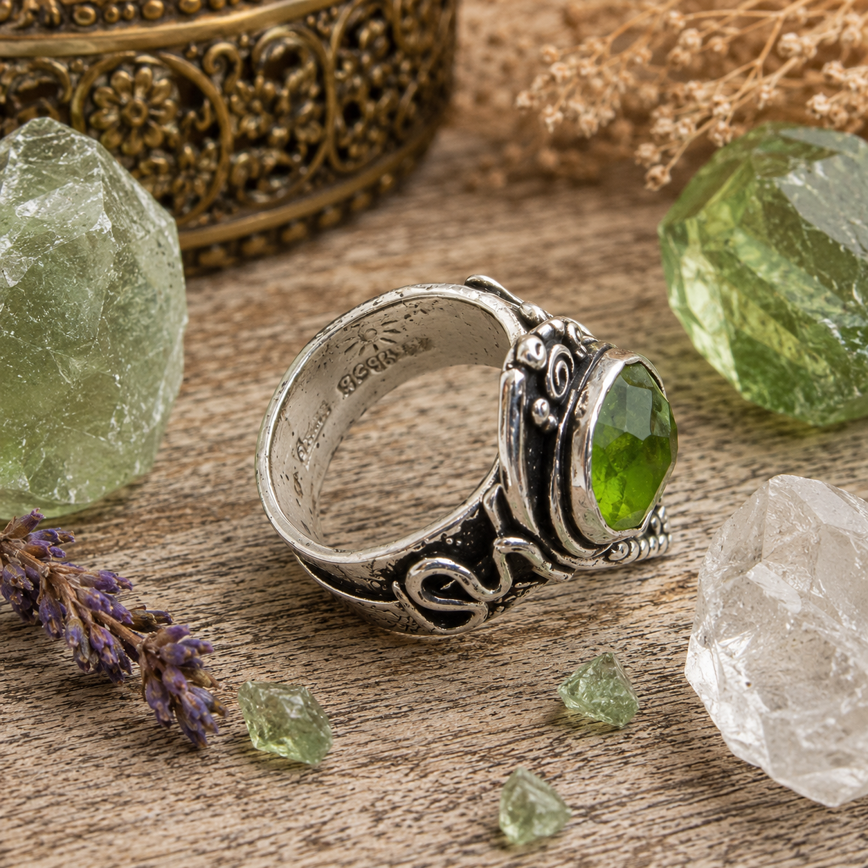 One-of-a-kind natural green Peridot ring handcrafted in recycled .950 sterling silver. Faceted Pakistani Peridot boho statement ring, US size 9.5. by Cosmicdeva 