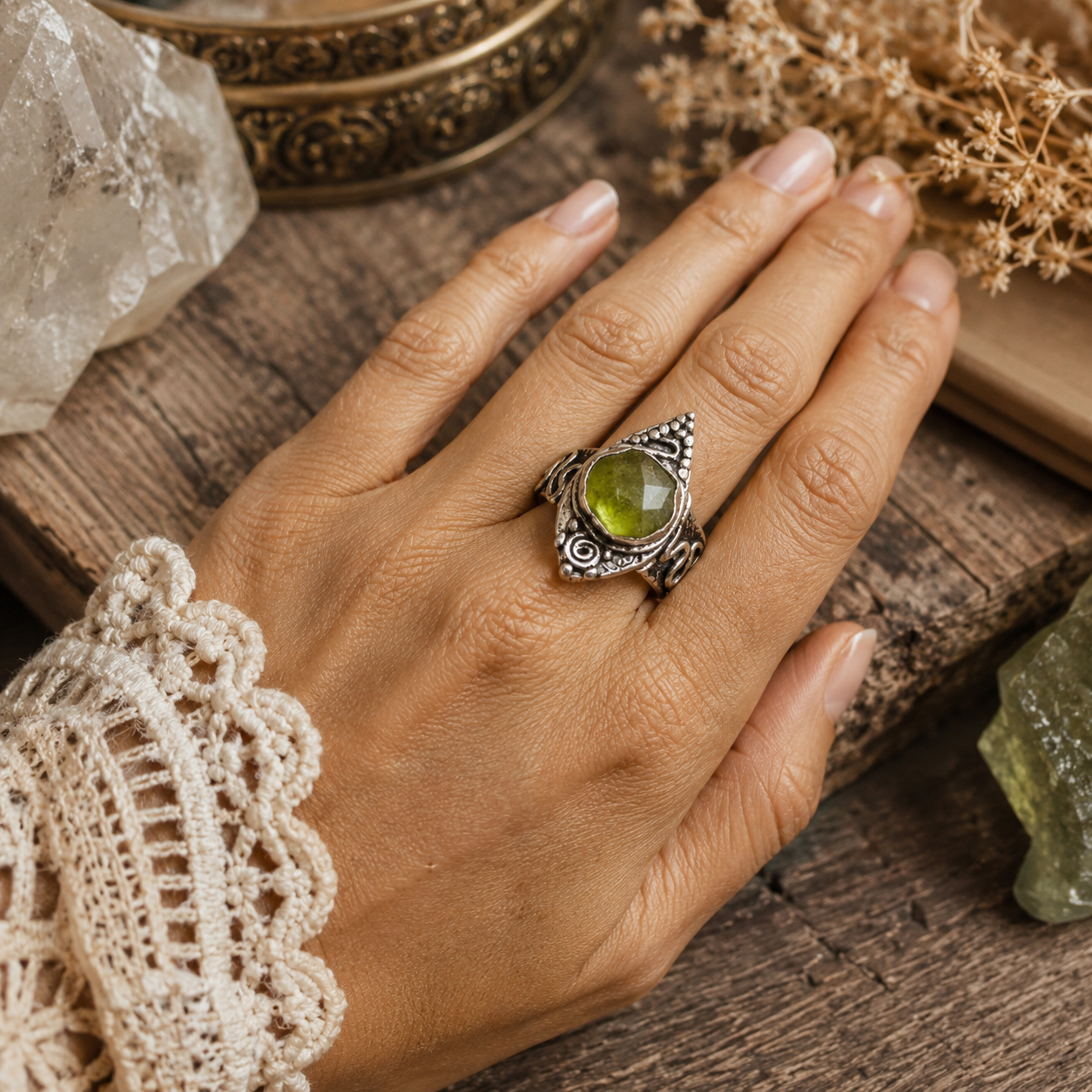 One-of-a-kind natural green Peridot ring handcrafted in recycled .950 sterling silver. Faceted Pakistani Peridot boho statement ring, US size 9.5. by Cosmicdeva 