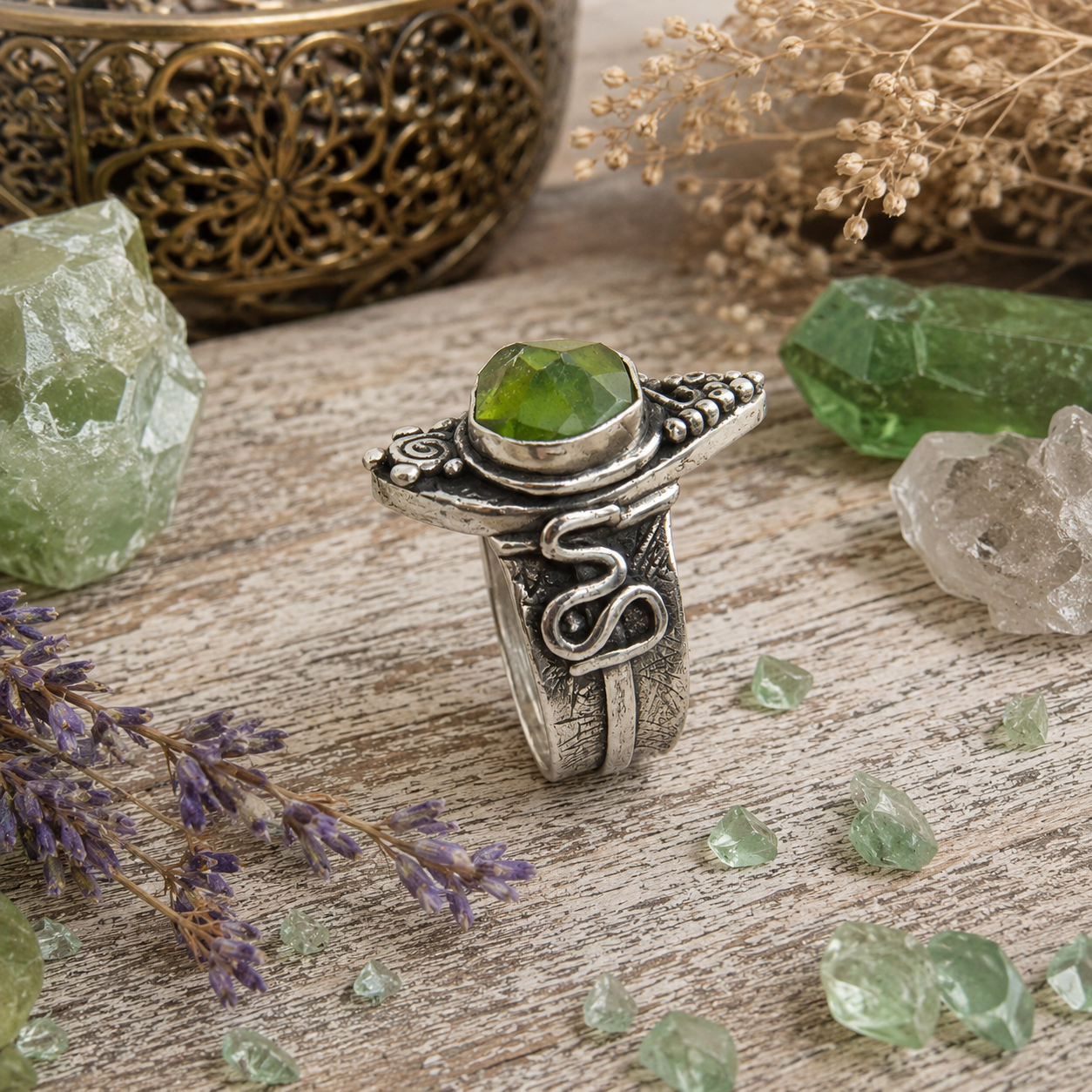 One-of-a-kind natural green Peridot ring handcrafted in recycled .950 sterling silver. Faceted Pakistani Peridot boho statement ring, US size 9.5. by Cosmicdeva 
